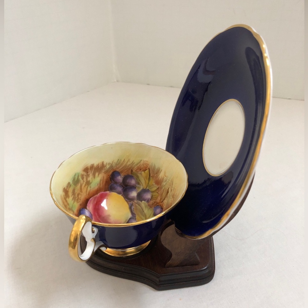 Aynsley Tea Cup & Saucer Cobalt Blue Orchard Fruit England Bone China Gold Rim - Picture 3 of 11